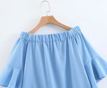 Дамска рокля с голи рамене и лотос ръкав в син цвят