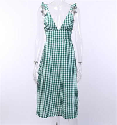 Rochie casual de dama in carouri cu decolteu adanc in verde