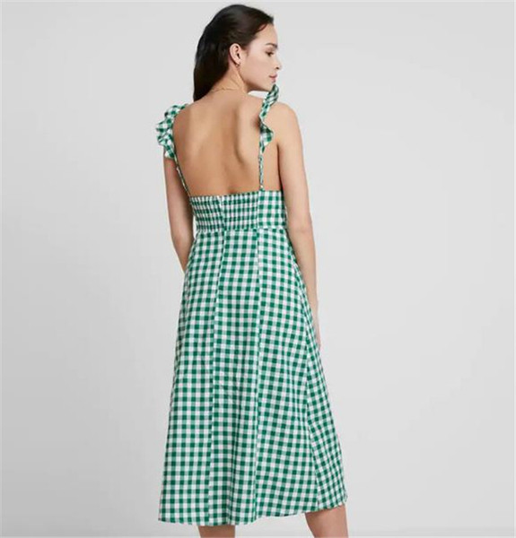 Rochie casual de dama in carouri cu decolteu adanc in verde