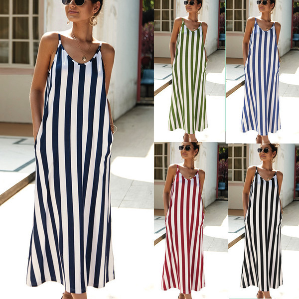 Rochie lunga de dama in dungi cu bretele