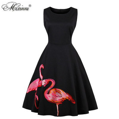 Rochie modernă de damă în negru cu flamingo