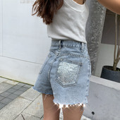 Modern női farmer magas derékkal, fényes hatással