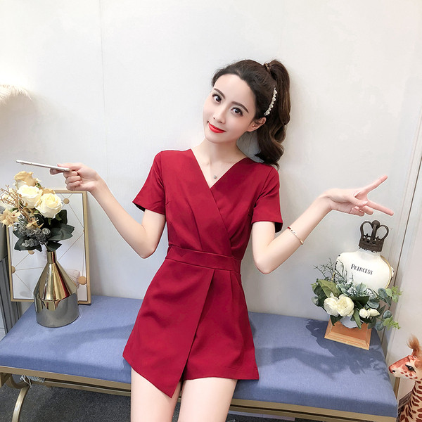 Κομψή Γυναικεία ολόσωμη φόρμα με V λαιμό σε μαύρο και μπορντό χρώμα