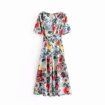 Rövid ujjú, virágmintás női hosszú ruha