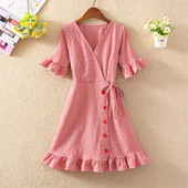 Modern női kockás ruha gombokkal és nyakkendőkkel három színben