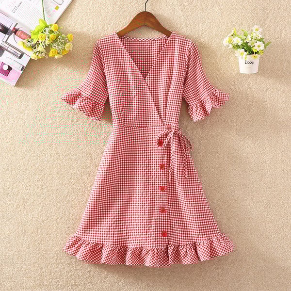 Modern női kockás ruha gombokkal és nyakkendőkkel három színben