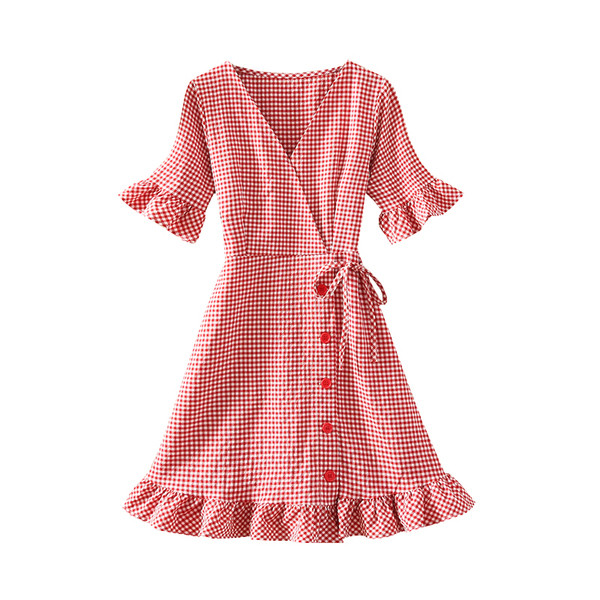 Modern női kockás ruha gombokkal és nyakkendőkkel három színben