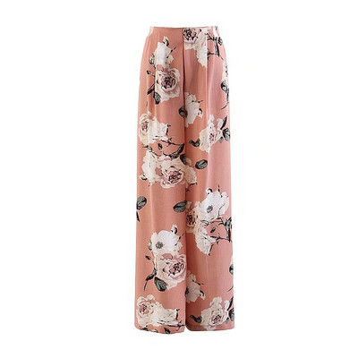 Pantaloni largi si lungi de dama roz cu model floral