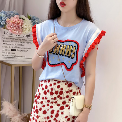 Модерна дамска блуза с пайети в бял и син цвят