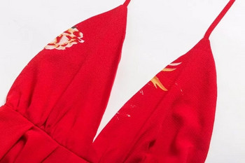 Női hosszú nyakkendős ruha csupasz háttal piros és fekete színben, virágmintával