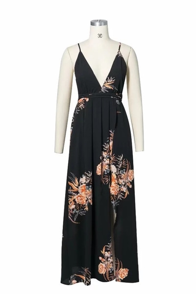 Női hosszú nyakkendős ruha csupasz háttal piros és fekete színben, virágmintával