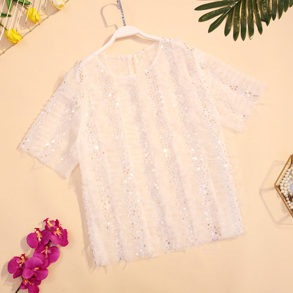 Tricou de dama modern cu paiete in alb si negru