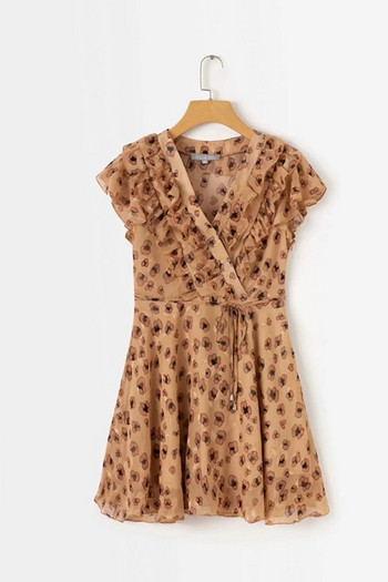 Rochie de dama din tul de culoare maro si imprimeu floral