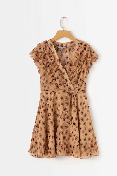 Rochie de dama din tul de culoare maro si imprimeu floral