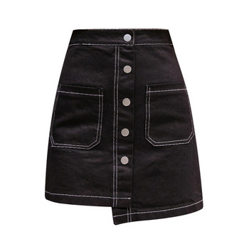 Fusta de dama model asimetric in negru, alb si albastru