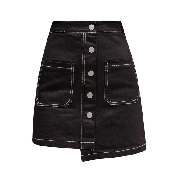 Fusta de dama model asimetric in negru, alb si albastru