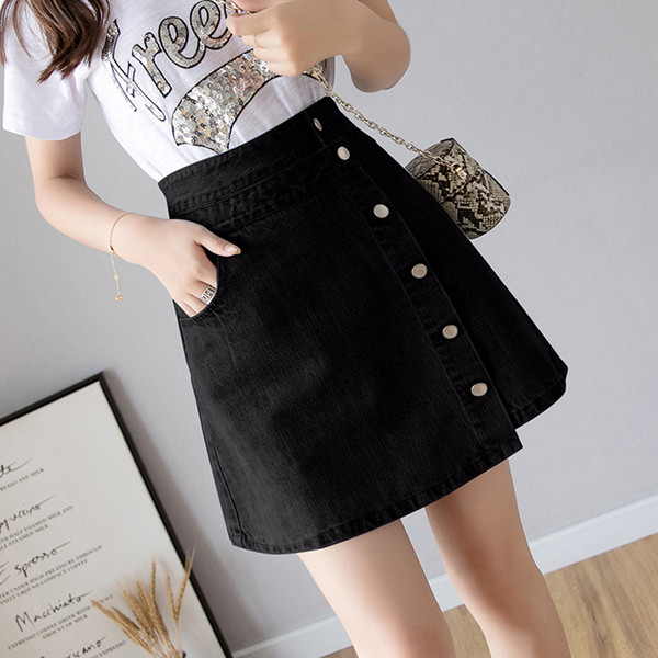 Női farmerszoknya magas derékkal, gombokkal, négy színben