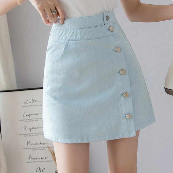 Női farmerszoknya magas derékkal, gombokkal, négy színben