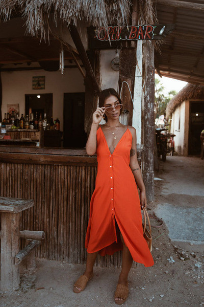 Rochie actuală de damă cu decolteu în V în verde și portocaliu