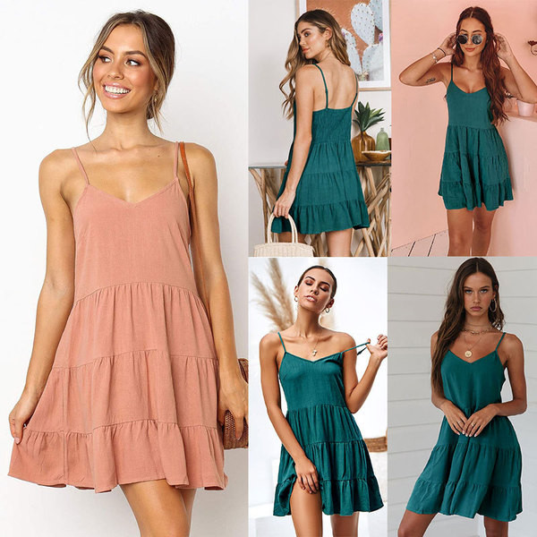 Lezser szabású női ruhamodell vékony zöld és rózsaszín pántokkal