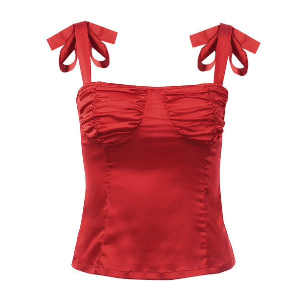 Stílusos női felső nyakkendővel, fekete és piros színben