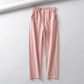 Rózsaszín női nadrág gumírozott derékkal és gombokkal