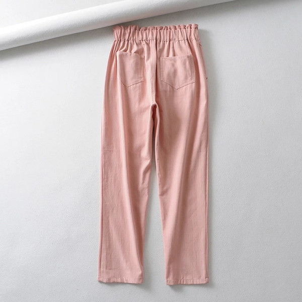 Rózsaszín női nadrág gumírozott derékkal és gombokkal