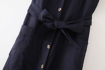 Rochie de dama albastra cu buzunare cu nasturi si cravata in talie