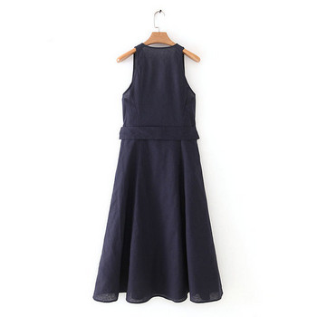 Rochie de dama albastra cu buzunare cu nasturi si cravata in talie