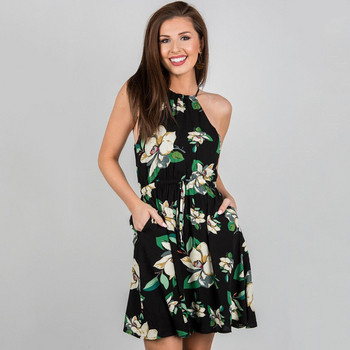 Nyári női ruha virágos motívumokkal, kék és fekete színben
