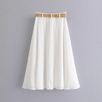 Fusta lata de dama cu nasturi si curea alb