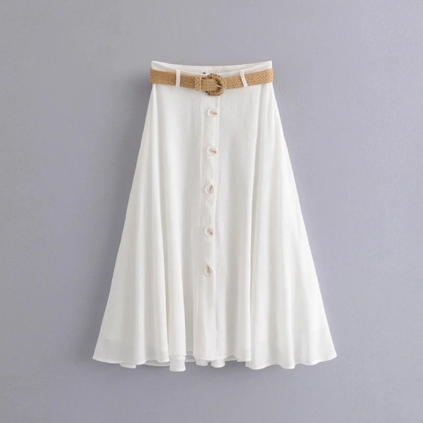 Fusta lata de dama cu nasturi si curea alb