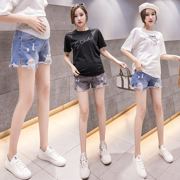 Модерни дамски къси дънкови панталони за бременни в син и черен цвят 