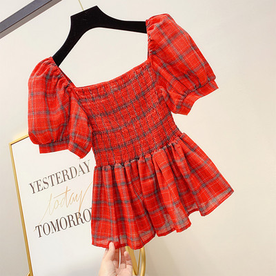 Női kockás blúz négyzet alakú nyakkivágással