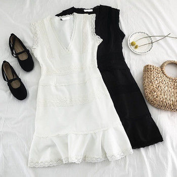 Rochie elegantă de damă, cu decolteu în V, în alb-negru