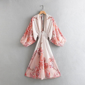 Női hosszú ujjú sifonruha V-nyakú, gumírozott derékkal