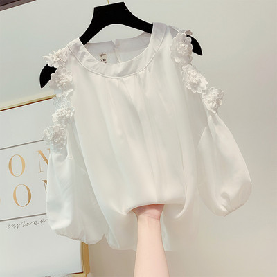 Cămașă elegantă de damă, cu decolteu O și flori cu elemente 3D