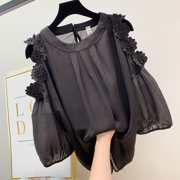 Cămașă elegantă de damă, cu decolteu O și flori cu elemente 3D