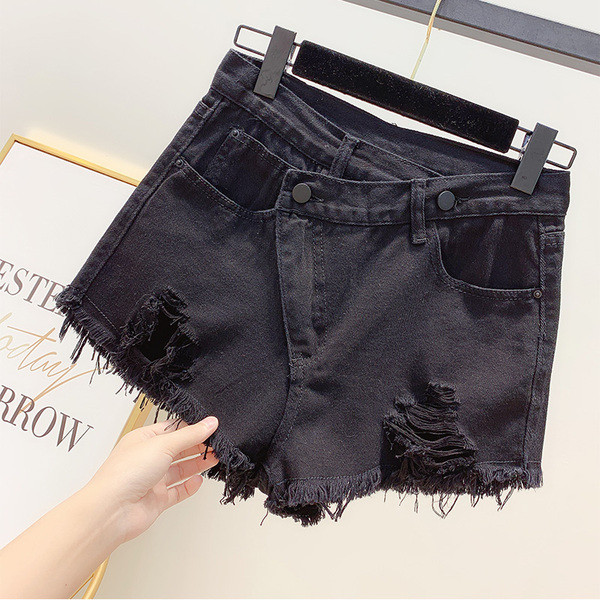 Pantaloni scurți din denim de damă în albastru și negru