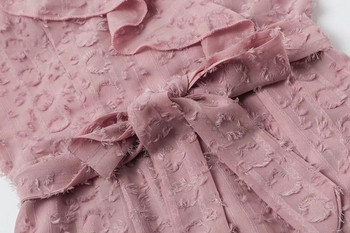 Rochie moderna de dama cu decolteu in V si bretele in roz si alb