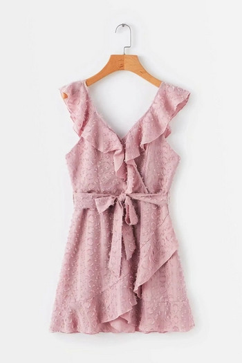 Rochie moderna de dama cu decolteu in V si bretele in roz si alb