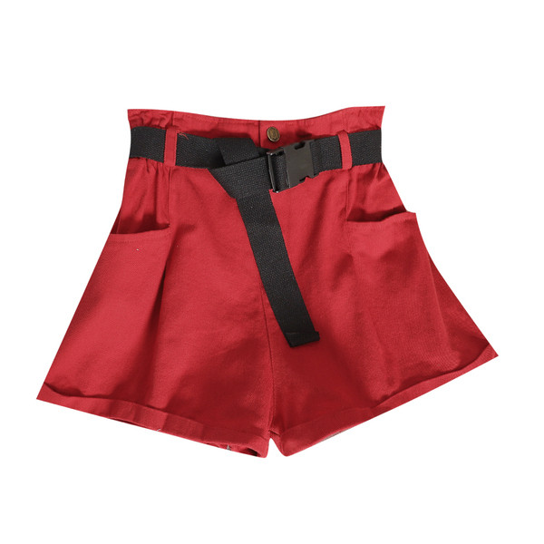 Pantaloni scurți de damă cu buzunare laterale în negru, roșu și alb