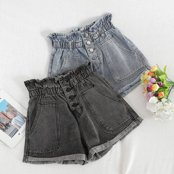 Pantaloni scurți de damă din denim cu talie elastică în două culori