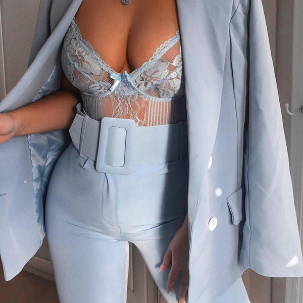 Modern női nadrág magas derékkal és övvel kék és fekete színben