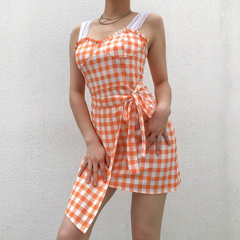 Rochie de dama in carouri cu cravate in portocaliu