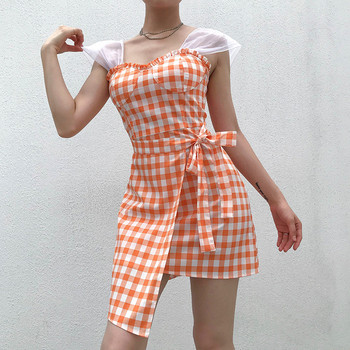 Rochie de dama in carouri cu cravate in portocaliu