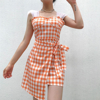 Rochie de dama in carouri cu cravate in portocaliu