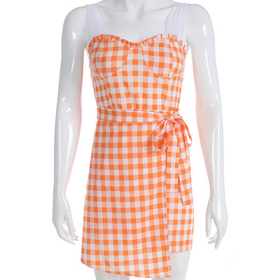 Rochie de dama in carouri cu cravate in portocaliu