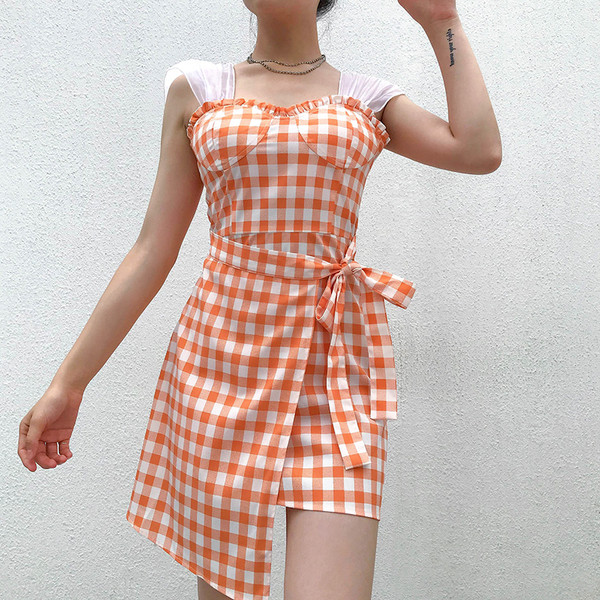 Rochie de dama in carouri cu cravate in portocaliu