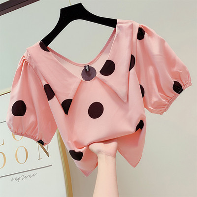 Bluză de damă elegantă cu puncte în alb și roz